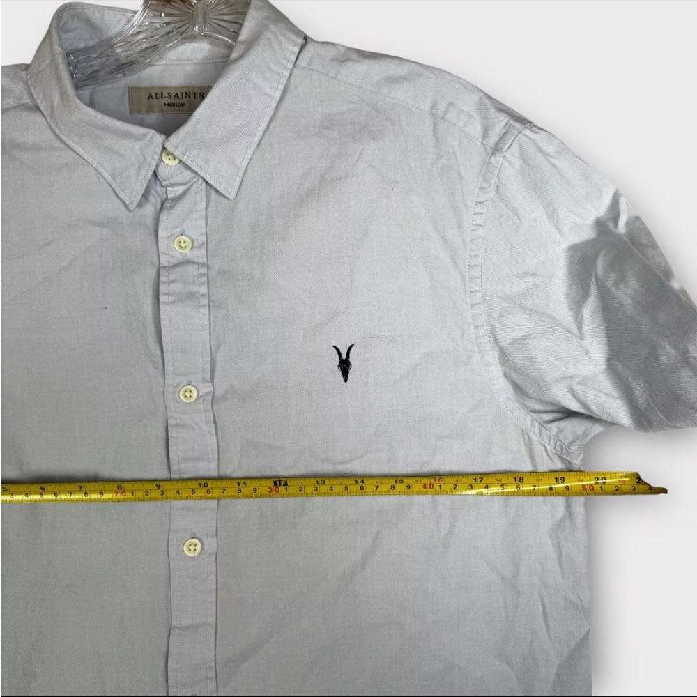 Allsaints 3/4 Sleeve Button Up Shirt Mens Medium Gray Solid Embroidered Logo - Picture 10 of 13